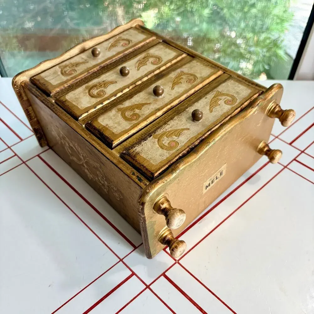 Vintage Mele Japan 4 Drawer Musical Jewelry Box Florentine Gold Red Velvet